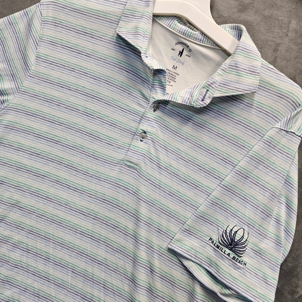 JOHNNIE-O Barton Striped Golf Polo Shirt Lake Blue Mens Medium JMPO7630 UPF 50
